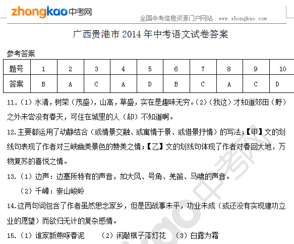 广西贵港市2014年中考语文试卷答案
