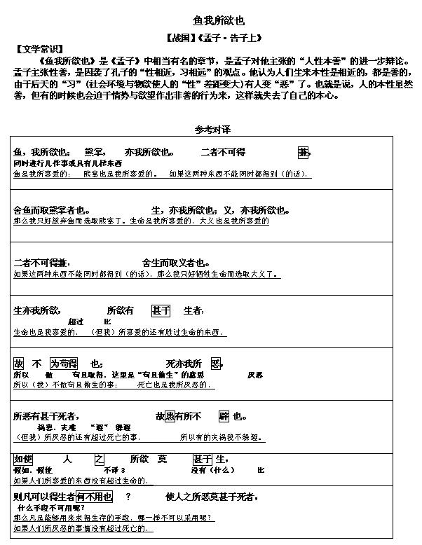 2017文言文对译：《鱼我所欲也》1