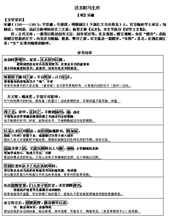 2017文言文对译：《送东阳马生序》1