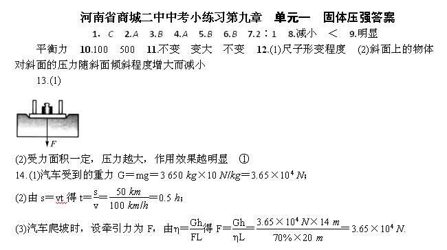 2017河南商城二中中考小练习答案：固体压强1