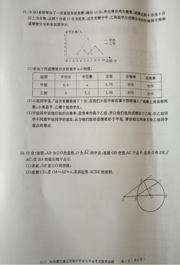 2017年内蒙古通辽数学中考真题图5