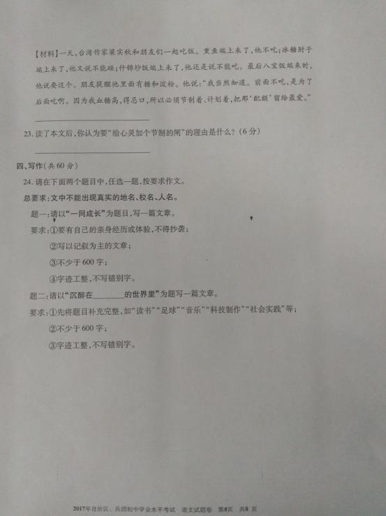 2017年新疆维吾尔中考语文真题图8