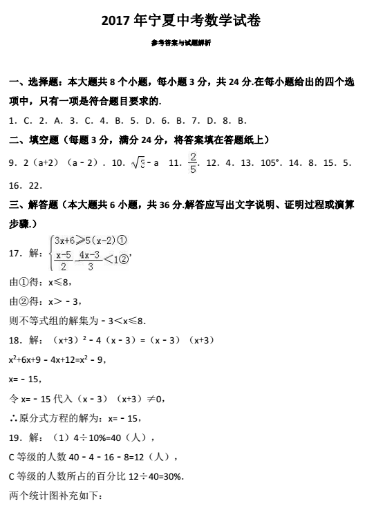 2017年宁夏回族自治区中考数学试题答案图1