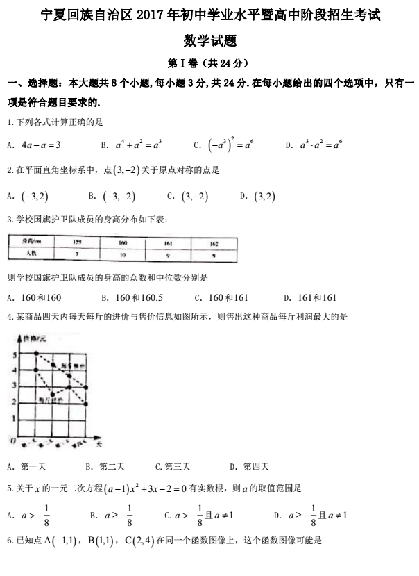 2017年宁夏回族自治区中考数学试题图1