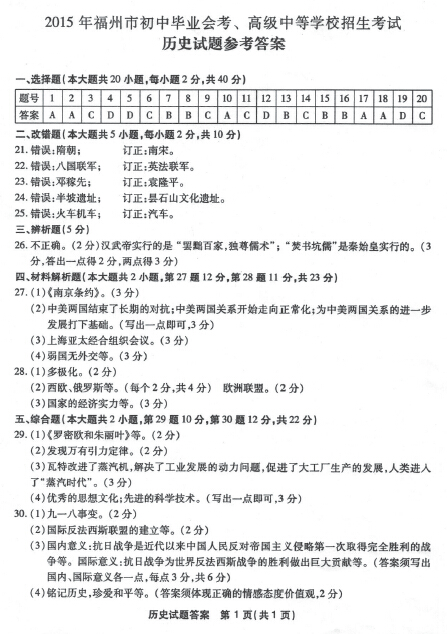 2015福州中考历史真题答案（图片版）