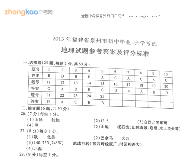 2013泉州中考地理试题答案