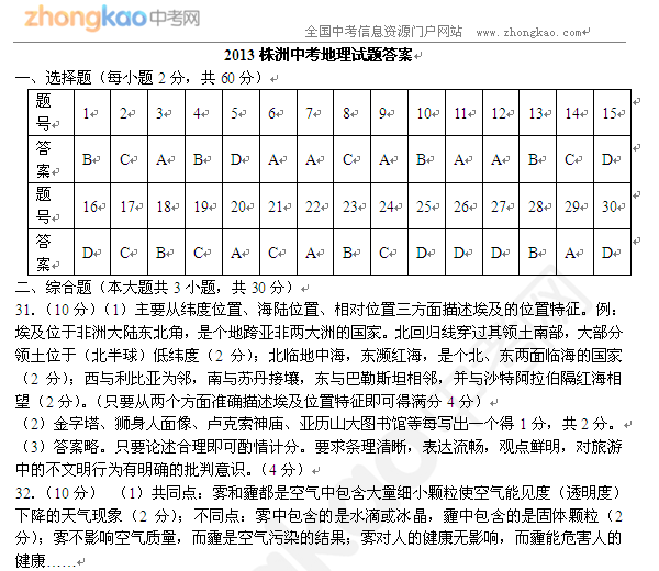 2013株洲中考地理试题答案