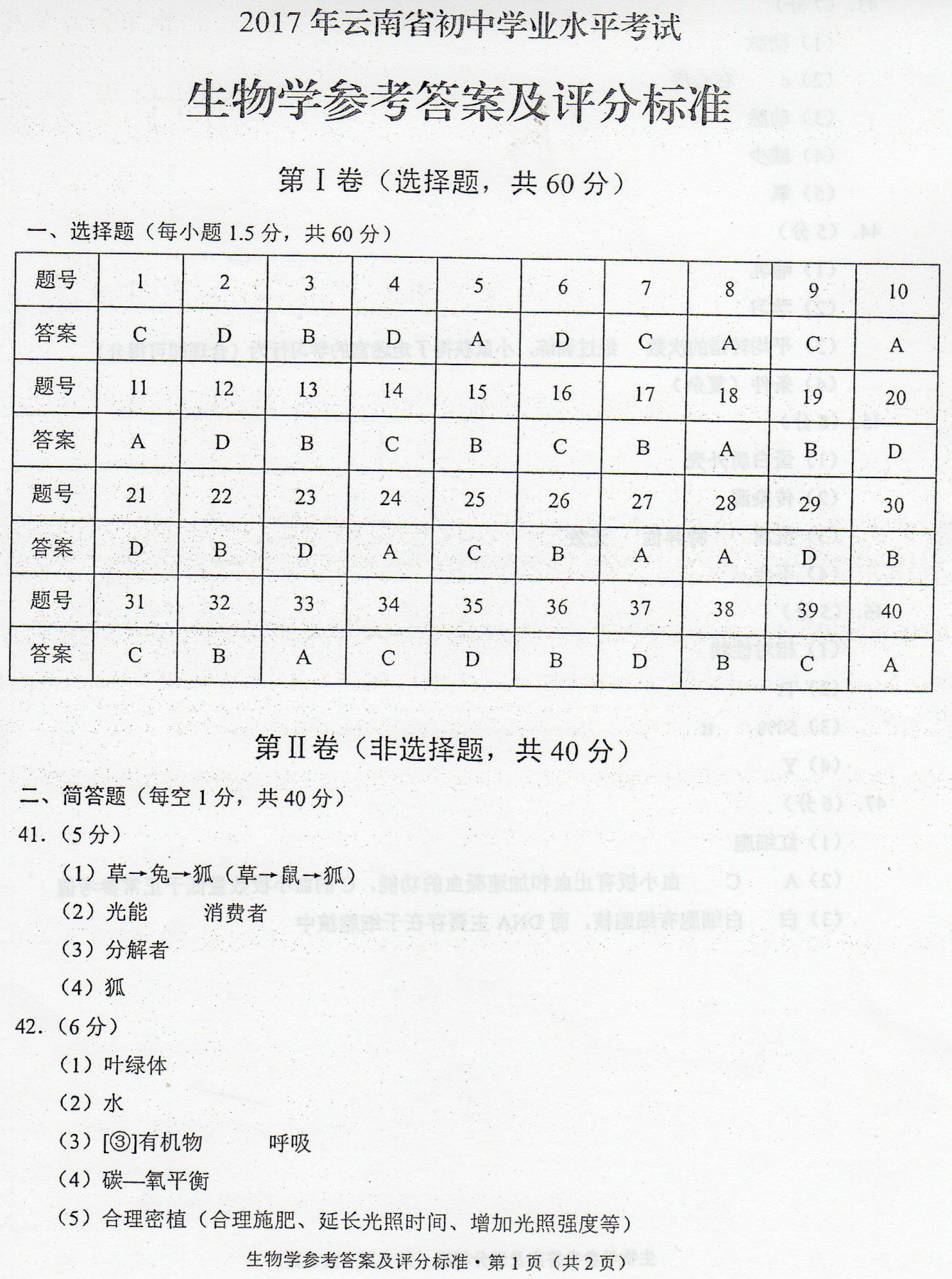 2017年云南楚雄生物中考答案图1