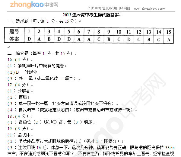 2013连云港中考生物试题答案