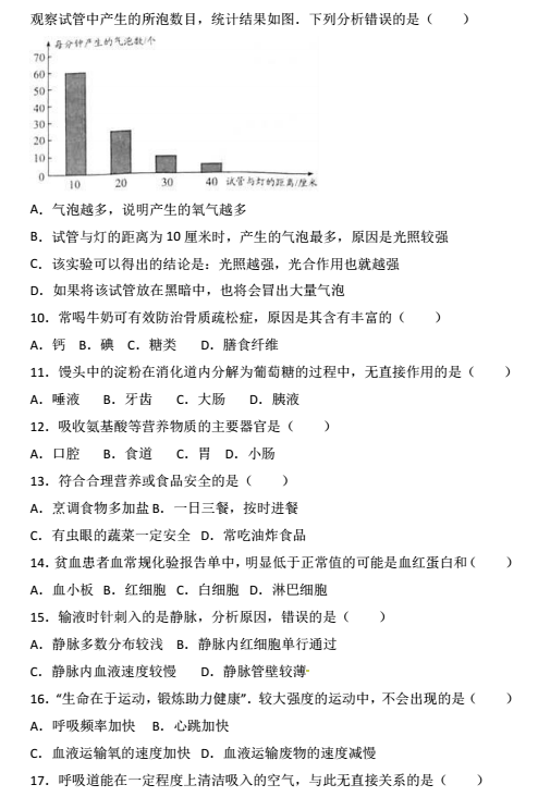2017年云南昆明中考生物真题图2