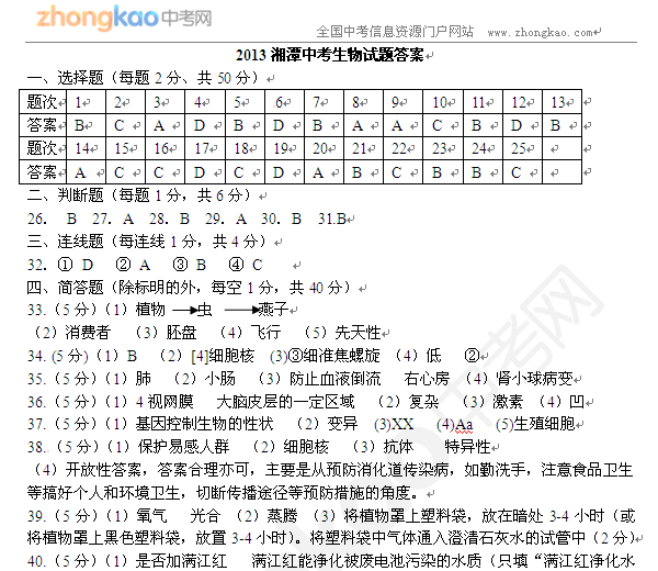2013湘潭中考生物试题答案