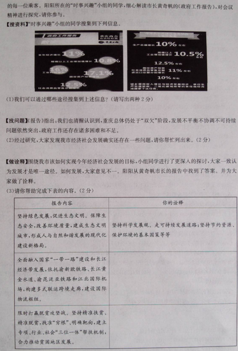 2018重庆名校九年级下政治中考模拟试题【图片版】