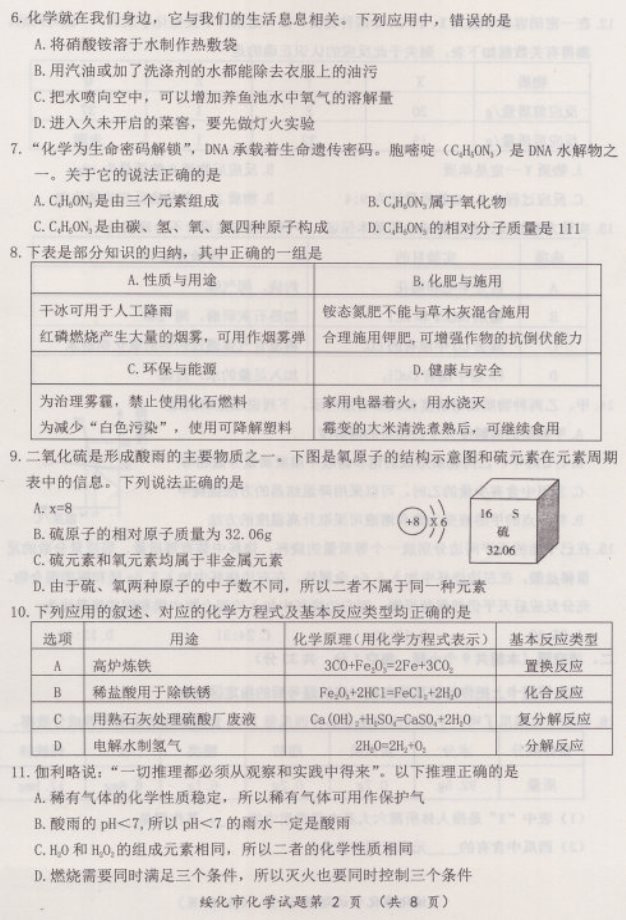 2018年绥化市中考试卷——化学（含答案）