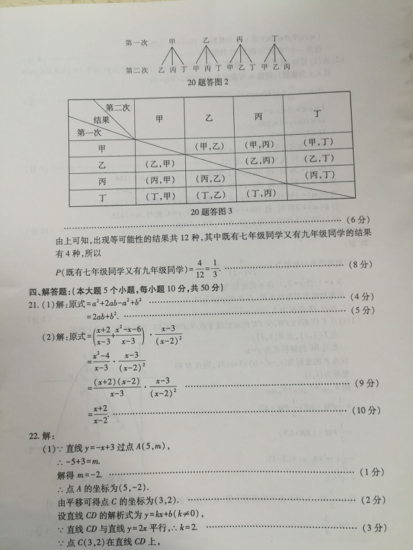 2018年重庆中考数学试卷真题A卷【图片版含答案】