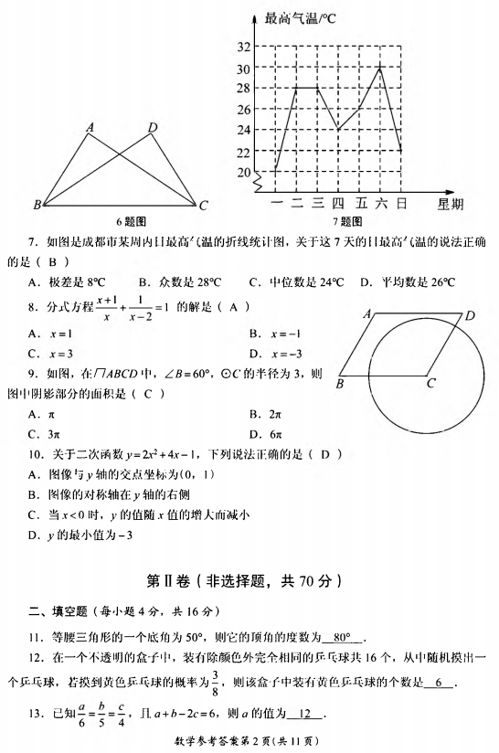 2018成都中考数学真题试卷【高清图片版含答案】