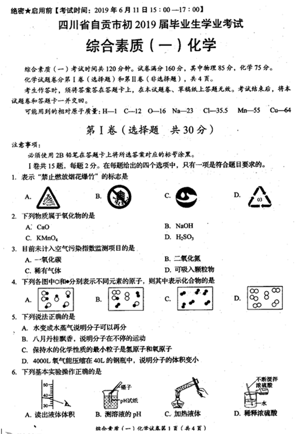 2019四川自贡中考化学试题