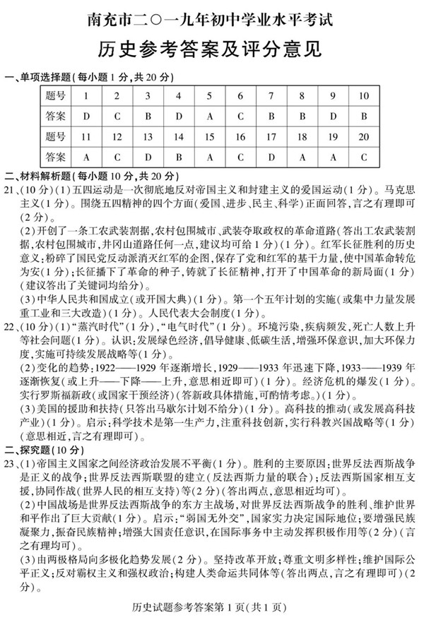 2019四川南充中考历史试题及答案