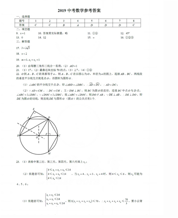 2019北京中考数学试题答案