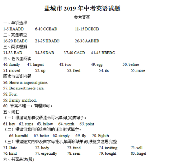 2019盐城中考英语试题答案