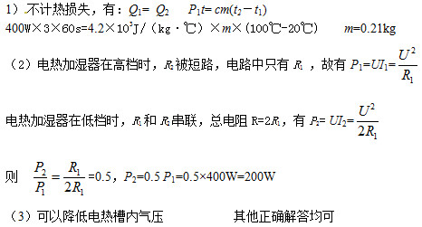 1） 不计热损失，有：Q1= Q2   P1t= cm(t2－t1) 400W×3×60s=4.2×103J/（kg•℃）×m×(100℃-20℃)    m=0.21kg （2）电热加湿器在高档时，R2被短路，电路中只有R1 ，故有P1=UI1=  电热加湿器在低档时，R1和R2串联，总电阻R=2R1，有P2= UI2=  则   =0.5，P2=0.5 P1=0.5×400W=200W （3）可以降低电热槽内气压           其他正确解答均可