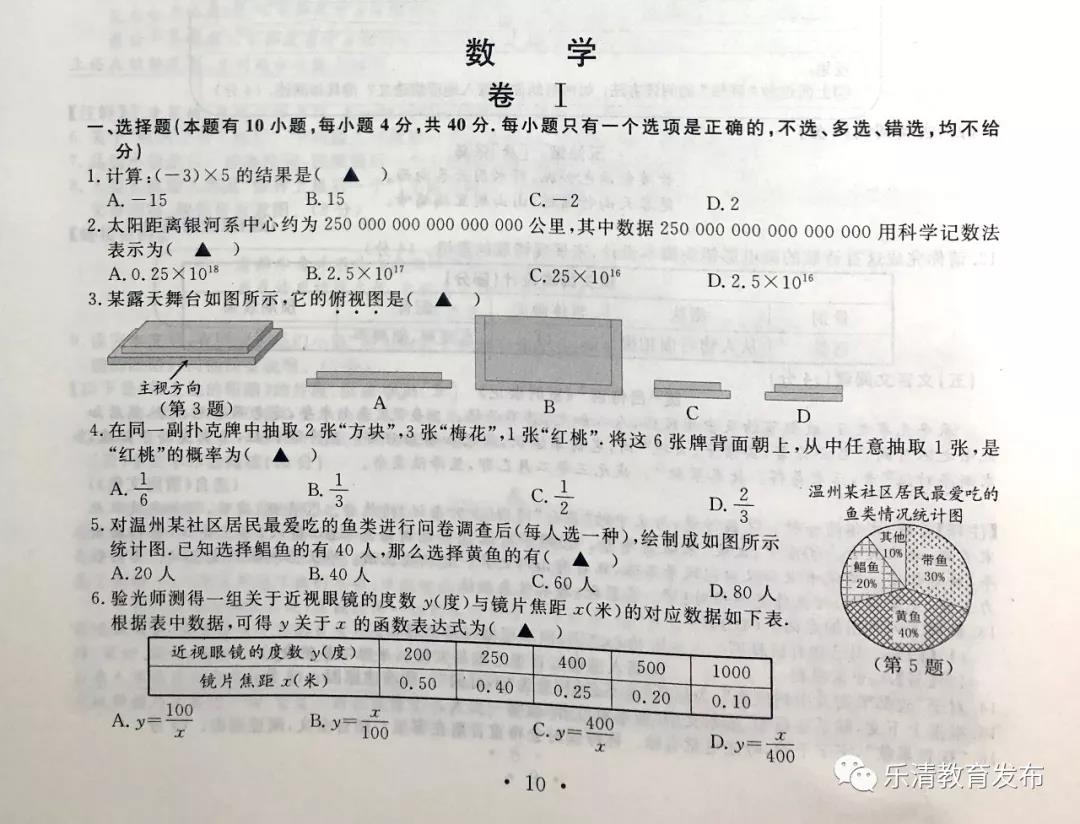 2019年浙江温州中考数学真题
