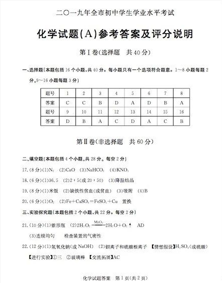 2019年山东聊城中考化学真题参考答案