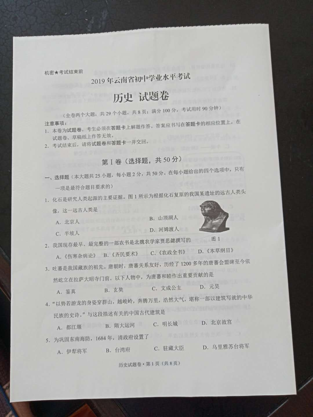 2019年云南中考统考历史真题